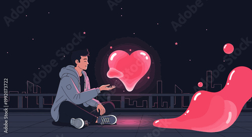Man Meditating with Glowing Heart Hologram, Digital Art, Abstract Love Concept