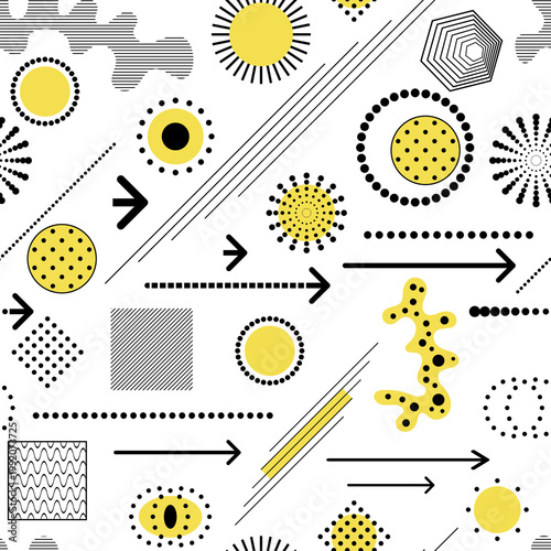 Set of geometric abstract shapes, seamless pattern, vector print, yellow and black, isolated on a white background