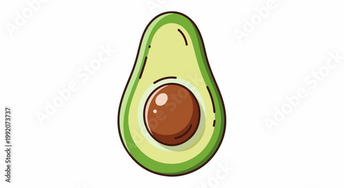A halved avocado with a large brown pit sits against a white background