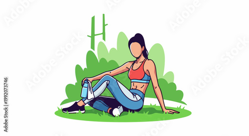 A fit person rests on grass after exercise, holding a water bottle, with green bushes behind