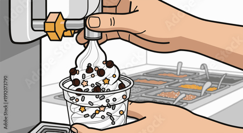 A hand dispenses soft serve ice cream into a cup, adorned with chocolate chips and star sprinkles