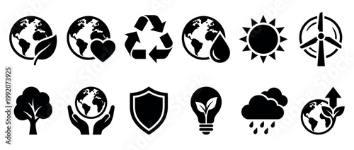Environmental icons, ecology symbols, and sustainability concepts representing nature, renewable energy, recycling, and global protection for a greener future.