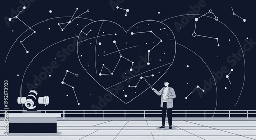 Man observing constellations in a heart-shaped night sky with telescope