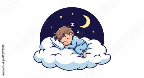 A peaceful child sleeps soundly on a fluffy cloud under a starry night sky