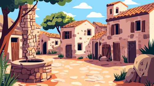 A stylized illustration of a sunlit European town square with stone buildings, a well, and trees