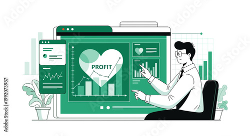 Businessman analyzing profit growth chart on digital screen with heart shape, business concept illustration
