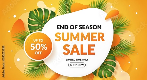 End of season summer sale with tropical leaves on orange background
