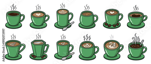 Collection of steaming hot coffee cups and mugs with various delicious beverages, including espresso, latte, and cappuccino, in a charming cartoon illustration style.