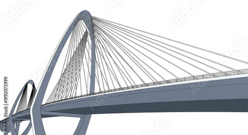 Modern Cable Stayed Bridge Structure Against White Background.