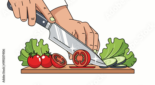 A hand slices a tomato on a cutting board surrounded by lettuce and cucumbers