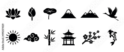 Asian symbols and traditional Japanese icons collection featuring lotus, mountains, crane, sun, bamboo, pagoda, cherry blossom, and koi fish.