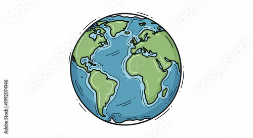 A hand-drawn illustration of planet Earth with blue oceans and green continents
