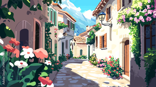 A charming, sun-drenched European streetscape with buildings, flowers, and a mountain backdrop