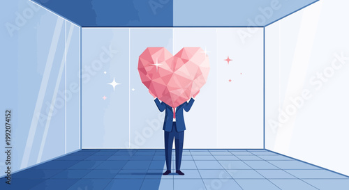 Businessman holding abstract geometric pink heart in modern empty room, concept of love and business