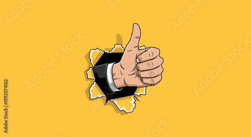 A hand wearing a suit emerges from a torn yellow background, giving a thumbs up