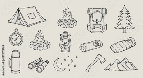 A hand-drawn collection of camping gear, nature elements, and celestial bodies on a light background