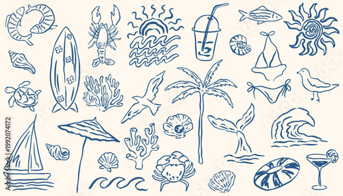 Hand drawn coastal doodle summer set. Chalk naive beach and sea elements, palm trees, waves, sun, surfboards, sea shell. Vector illustration perfect for designs, t-shirts, posters, and placards prints