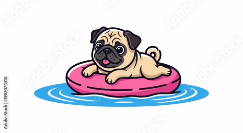 A happy cartoon pug dog floats on a pink inner tube in blue water