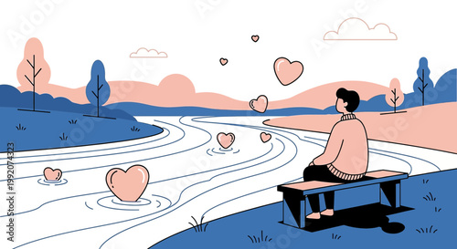 Man on Bench Watching Hearts Float Down River, Love, Romance, Serenity
