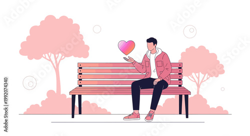Man on Bench with Gradient Heart, Love, Romance, Connection, Digital Love, Modern Romance