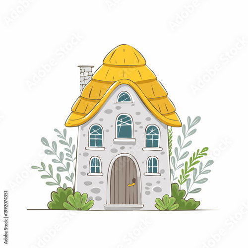 Whimsical Stone Cottage with Thatched Roof and Greenery