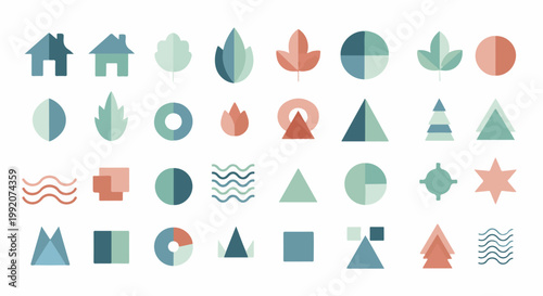 A grid of abstract geometric icons in a muted color palette