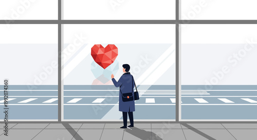 Businessman Reaching for Geometric Red Heart on Window, Love Concept