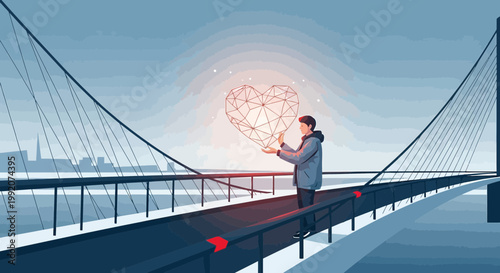 Man on bridge creating digital heart with glowing network, symbolizing connection and technology