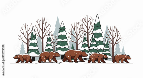 A family of bears walks through a snowy forest with fir trees