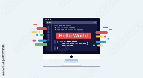 A flat illustration of a computer screen displaying "Hello World" code