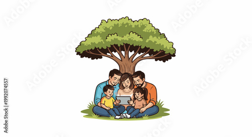 A family gathers under a tree to view a digital tablet, enjoying shared digital entertainment