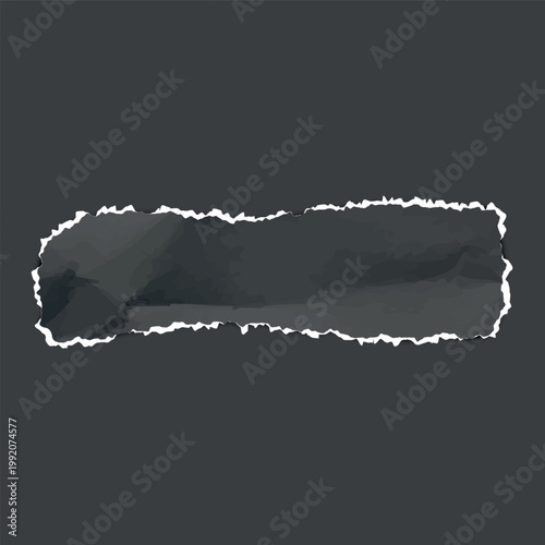 Black crumpled torn paper strip piece, torn sheet of old page fragment, vector realistic wrinkled scrap ripped edges