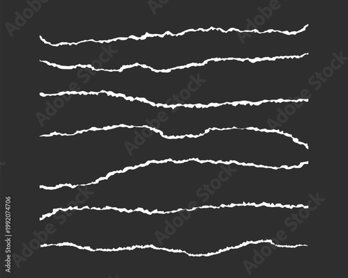 White paper strips torn edge vector set, realistic torn sheet of paper fragment line scrap jagged edge, ripped frame