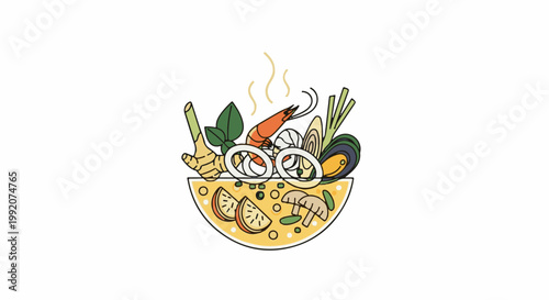 A flavorful bowl of steaming soup brimming with fresh seafood, aromatic herbs, and sliced vegetables