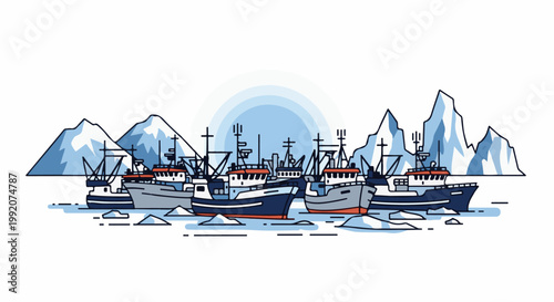 A fleet of fishing boats navigates icy waters with a glacial backdrop under a hazy sun