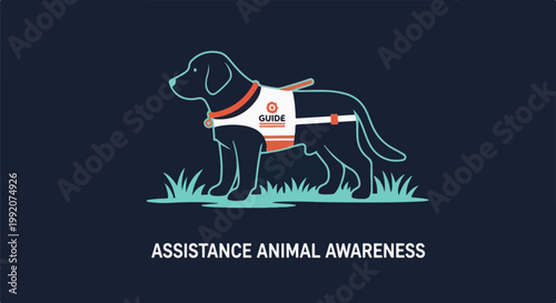 A dog wearing a "Guide" vest stands on grass