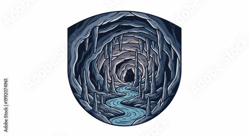 A flowing river winds through a deep, dark cavern adorned with stalactites and stalagmites