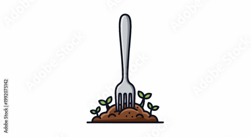 A fork inserted into soil with sprouting seedlings