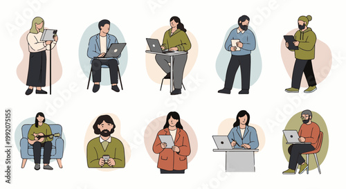 A diverse group of individuals engaged in various activities, featuring digital devices and musical instruments