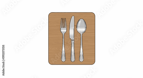 A fork, knife, and spoon are neatly arranged on a textured wooden surface