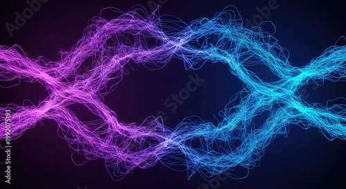 A futuristic abstract background featuring vibrant blue and purple light streams forming complex network patterns and flowing dynamically, connection, energy, particle
