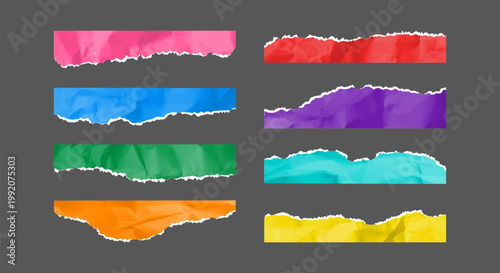 Crumpled torn paper page strips with bottom or top jagged edges different colors, vector realistic torn sheet fragments