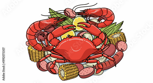 A festive crab, shrimp, sausage, corn, and potato boil arrangement with citrus slices