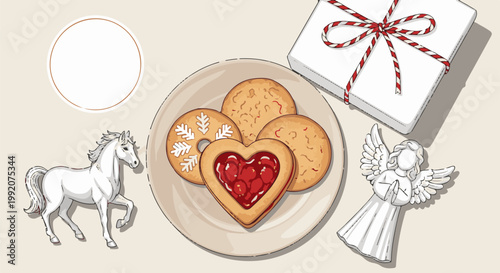 A festive holiday still life featuring a white horse, cookies, a gift, and an angel