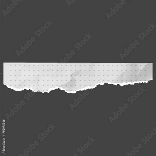 Crumpled torn paper strip, white torn sheet of dotted pattern notebook fragment, vector realistic grid page paper scrap