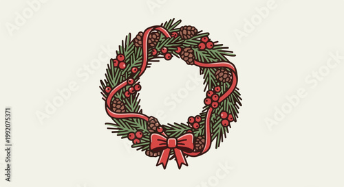 A festive holiday wreath crafted from evergreen branches, red berries, pinecones, and a red ribbon bow