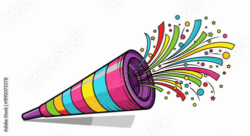 A festive party popper explodes with colorful streamers and confetti against a white background