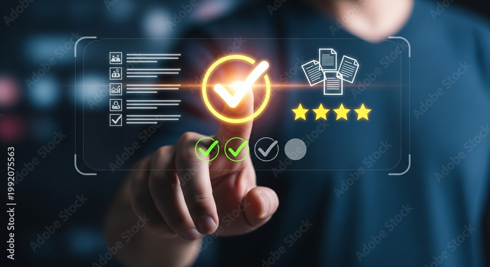 Naklejka premium Hand Touching Digital Checkmark Icon Conceptual Overlay for Quality Control and Customer Feedback