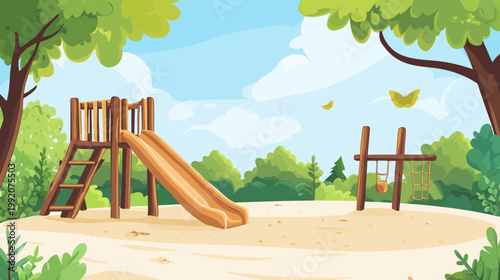 A cartoon illustration of a playground with a slide, swing set, trees, sand, and butterflies