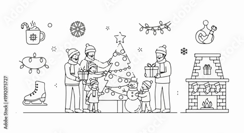 A festive family gathers around a decorated Christmas tree with gifts, a snowman, and a cozy fireplace
